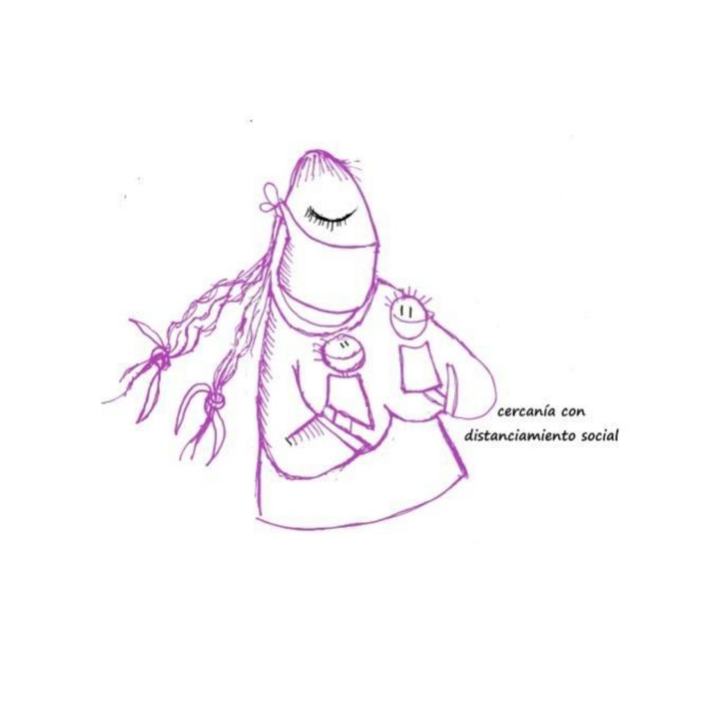 Descripción de imagen: Ilustración de la campaña #LlamamientoACuidarnos. Se ve el dibujo de una mujer con barbijo y dos títeres en sus manos. Y la frase "cercanía con distanciamiento social"