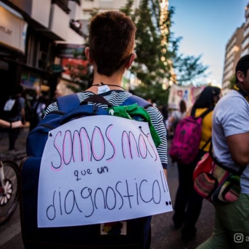 Foto Marcha por el Derecho a la Salud Mental. Se ve a un joven de espalda en la movilización, con un cartel que dice "somos más que un diagnóstico"
