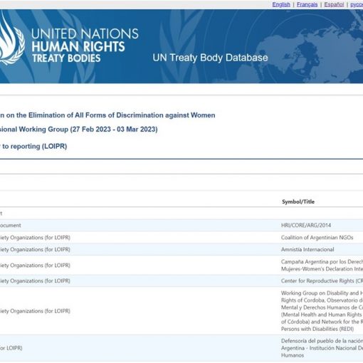 Captura de pantalla de la base de datos de ONU, donde se ve el acceso al Informe alternativo 2022 en pagina CEDAW